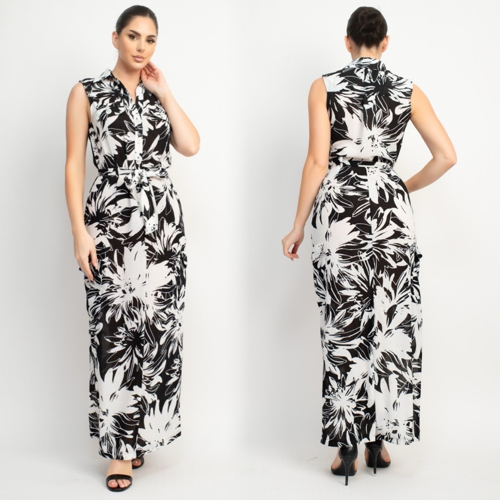 Floral Print Sleeveless Maxi Dress in Black and White - Picture 3 of 10